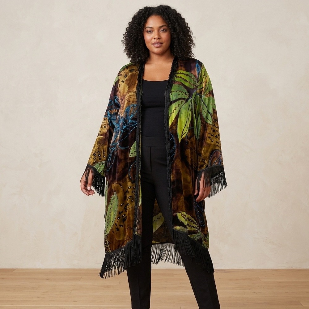 Mirasol Woman Silk Blend Fringe Duster Kimono Jacket 3X NWT Beaded Whimsigoth